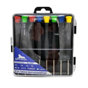 ست پیچگوشتی SW-6308a شامل ۸ قطعه دقیق برای تعمیر موبایل، لپتاپ و بردهای الکترونیکی، با دسته ارگونومیک و سری مقاوم.