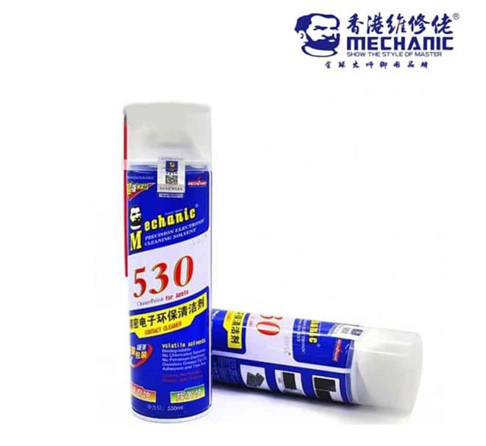 خرید اسپری خشک و حلال چسب Mechanic 530 با فرمول سریعخشک، بدون باقیماندن رسوب؛ مناسب تمیزکاری برد، استیکرها و قطعات الکترونیکی.