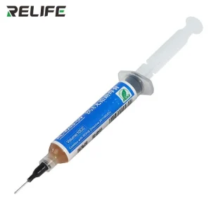 فلکس سرنگی Relife RL‑420S‑UV به همراه Needle با دود کم و پخش یکنواخت، مناسب لحیمکاری دقیق IC و قطعات SMD در تعمیرات حرفهای موبایل.