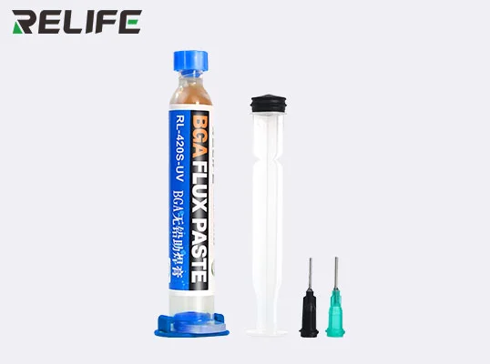 فلکس سرنگی Relife RL‑420S‑UV به همراه Needle با دود کم و پخش یکنواخت، مناسب لحیمکاری دقیق IC و قطعات SMD در تعمیرات حرفهای موبایل.