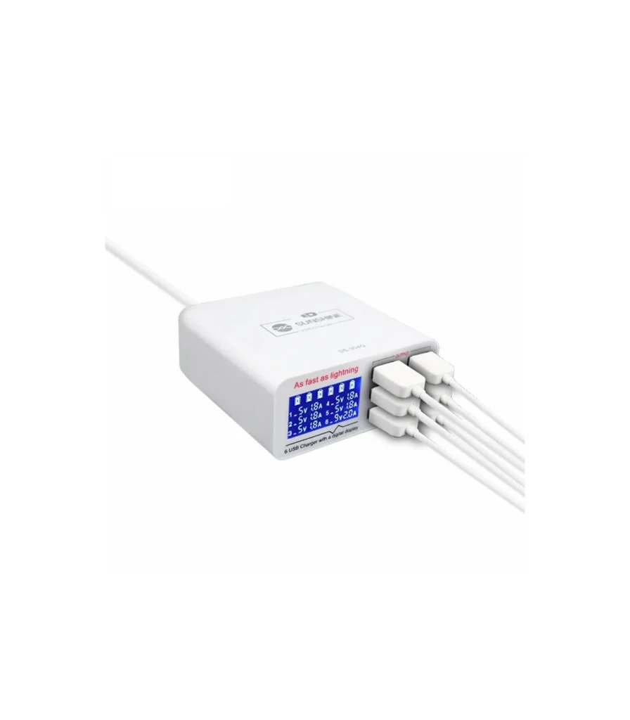 شارژر رومیزی Sunshine SS‑304Q سفید با چند خروجی USB، مناسب شارژ همزمان موبایل و گجتها، ایمن، پایدار و ایدهآل برای میز کار.