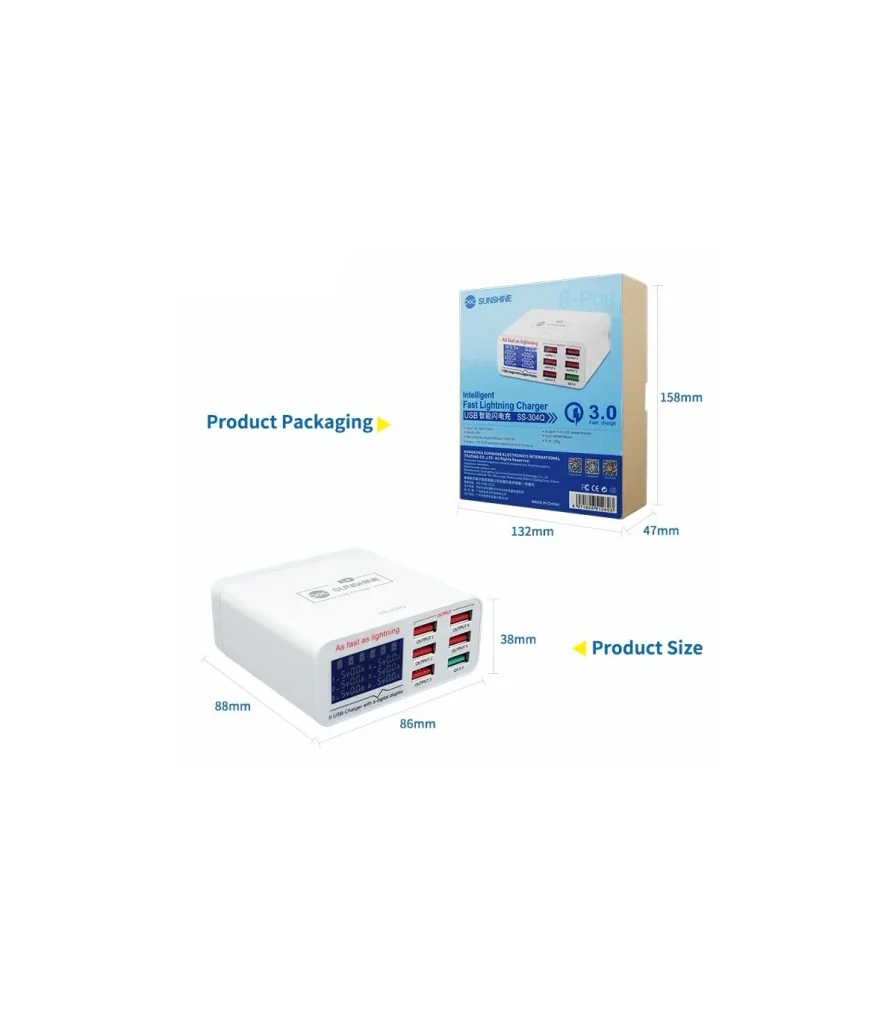 شارژر رومیزی Sunshine SS‑304Q سفید با چند خروجی USB، مناسب شارژ همزمان موبایل و گجتها، ایمن، پایدار و ایدهآل برای میز کار.