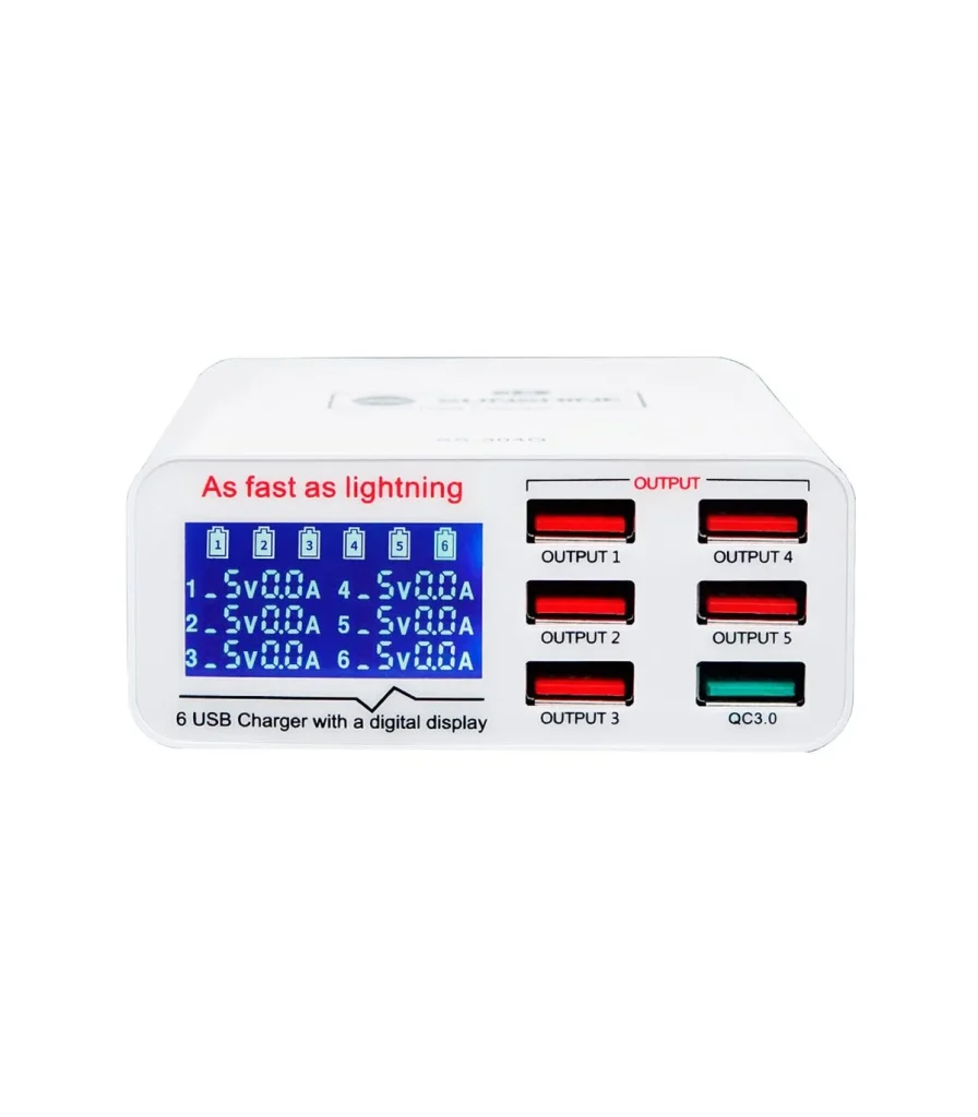 شارژر رومیزی Sunshine SS‑304Q سفید با چند خروجی USB، مناسب شارژ همزمان موبایل و گجتها، ایمن، پایدار و ایدهآل برای میز کار.